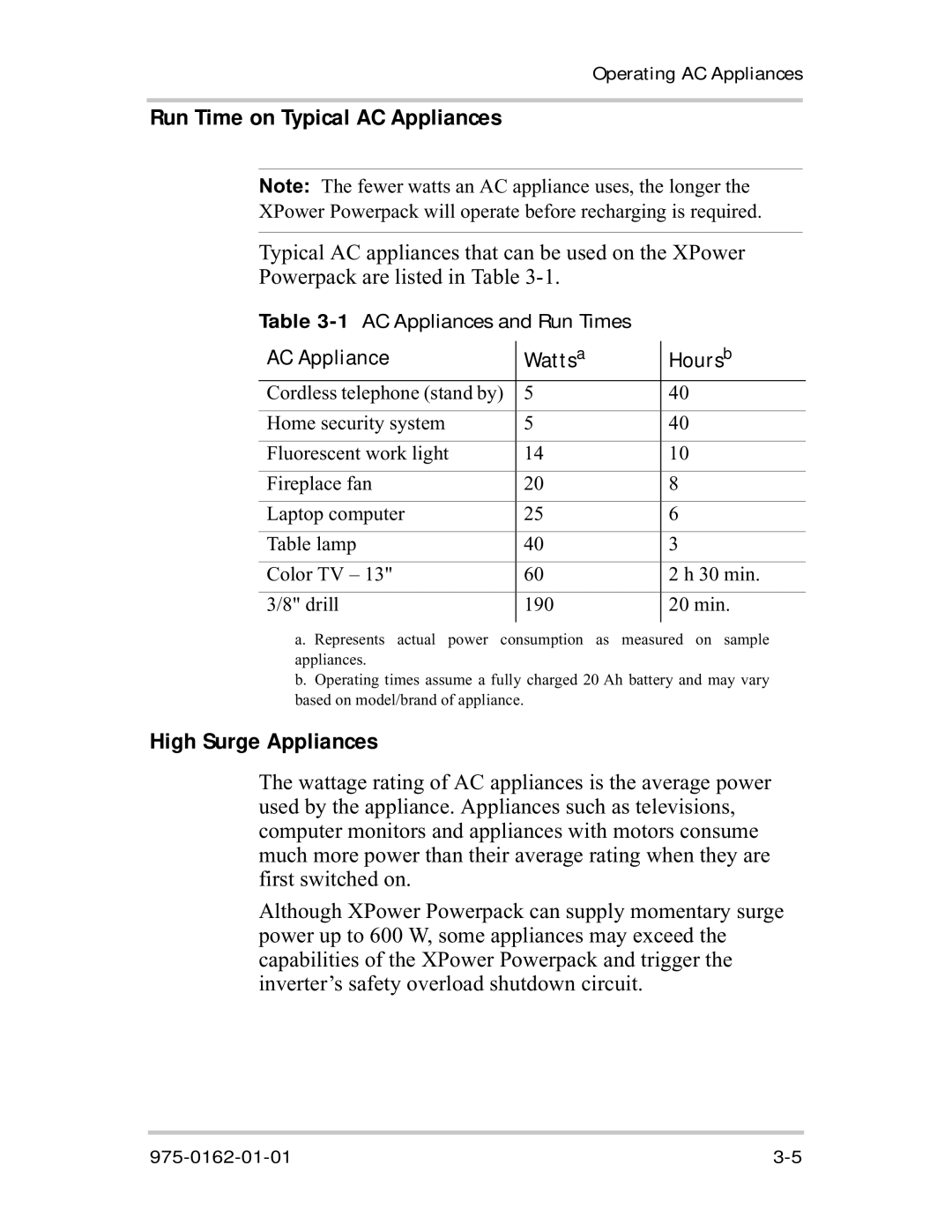 Xantrex Technology 400R manual Run Time on Typical AC Appliances, AC Appliance Watts a Hours b 