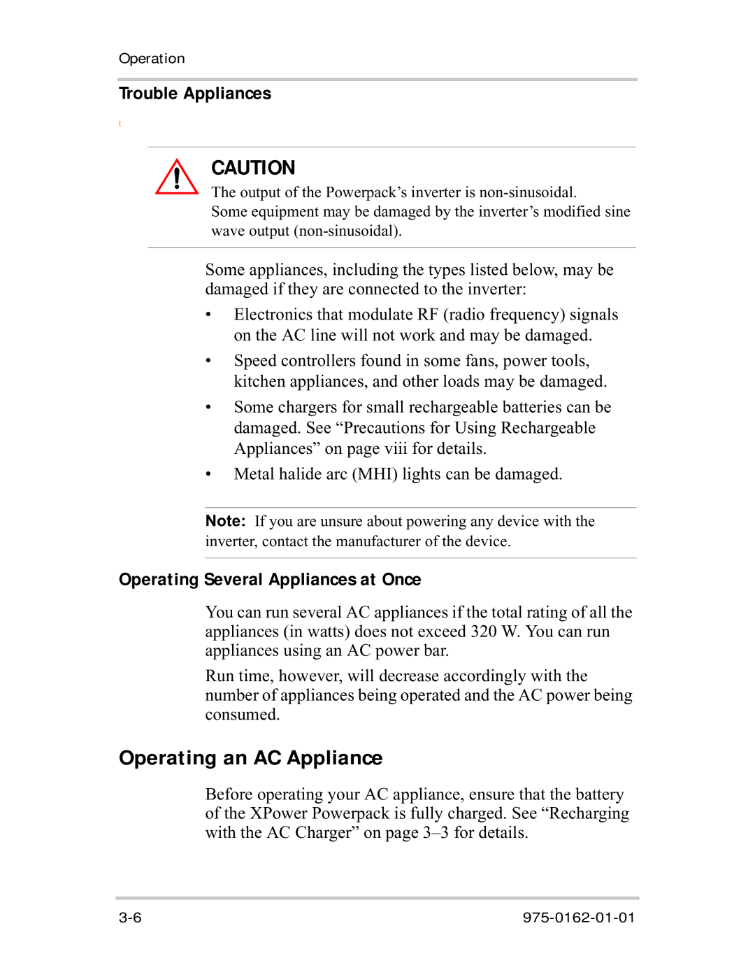 Xantrex Technology 400R manual Operating an AC Appliance, Trouble Appliances 