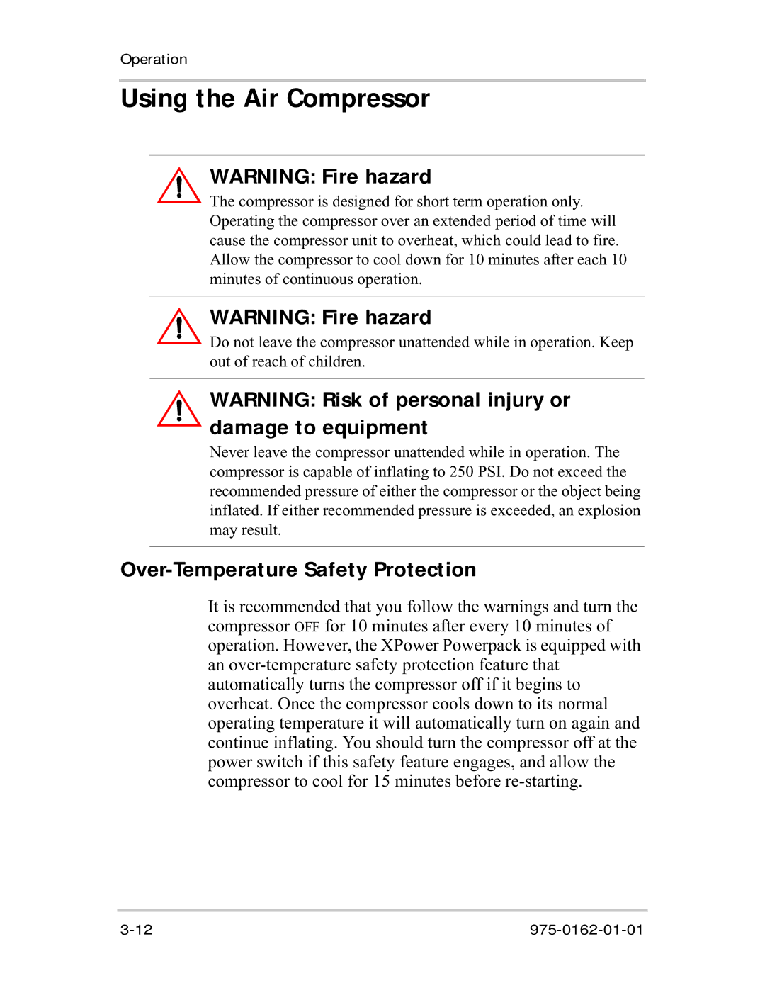 Xantrex Technology 400R manual Using the Air Compressor, Over-Temperature Safety Protection 