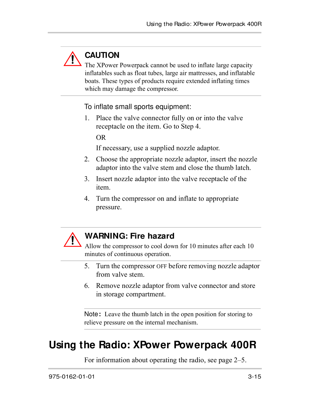 Xantrex Technology manual Using the Radio XPower Powerpack 400R, To inflate small sports equipment 