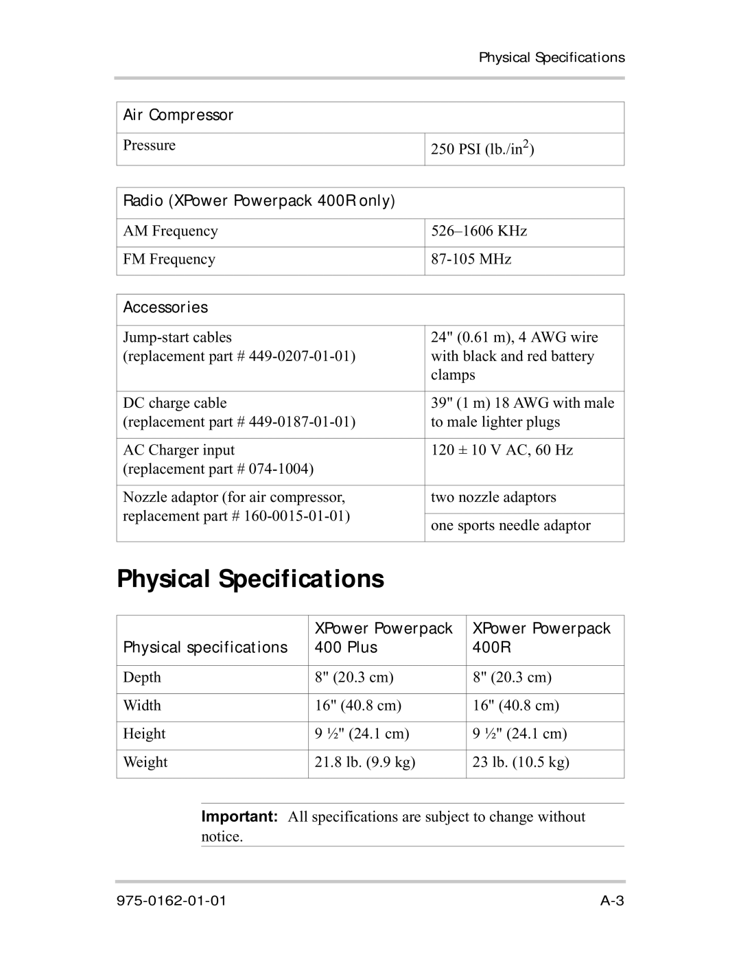 Xantrex Technology manual Physical Specifications, Air Compressor, Radio XPower Powerpack 400R only, Accessories 