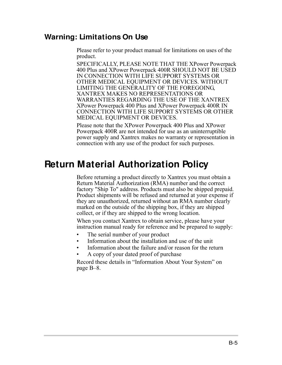 Xantrex Technology 400R manual Return Material Authorization Policy 