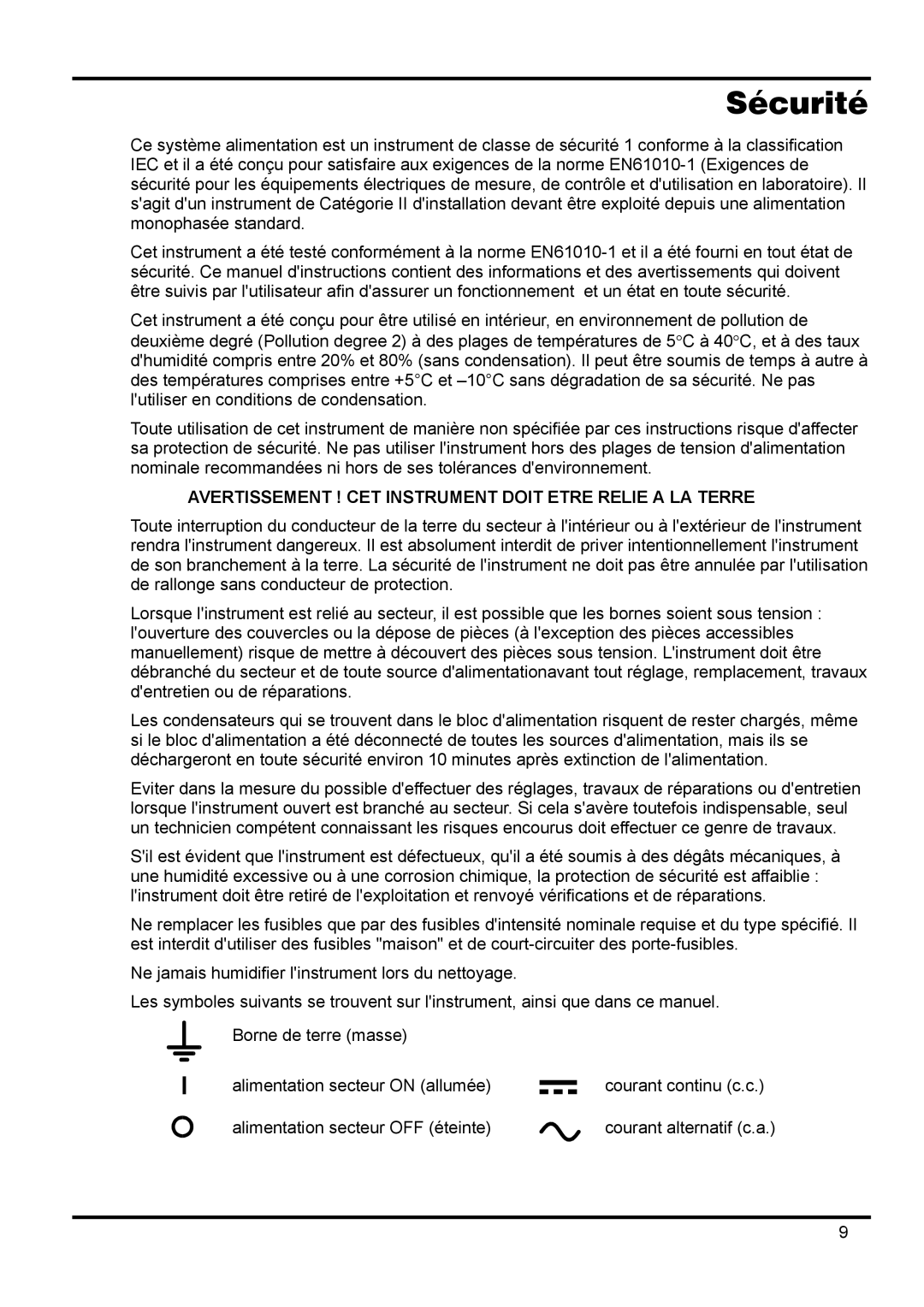 Xantrex Technology 42V 10A manual Sécurité, Avertissement ! CET Instrument Doit Etre Relie a LA Terre 