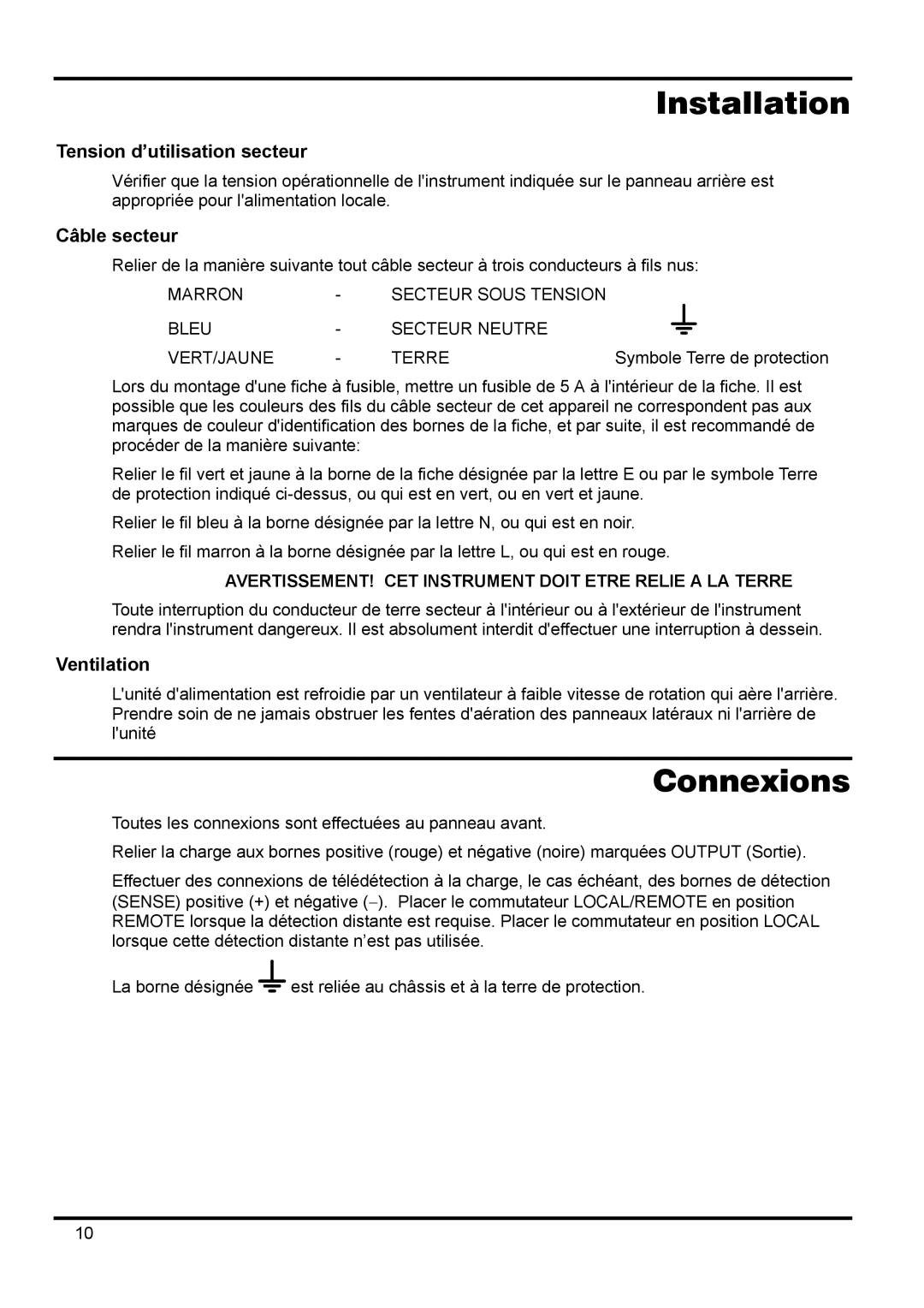 Xantrex Technology 42V 10A manual Connexions, Tension d’utilisation secteur, Câble secteur 