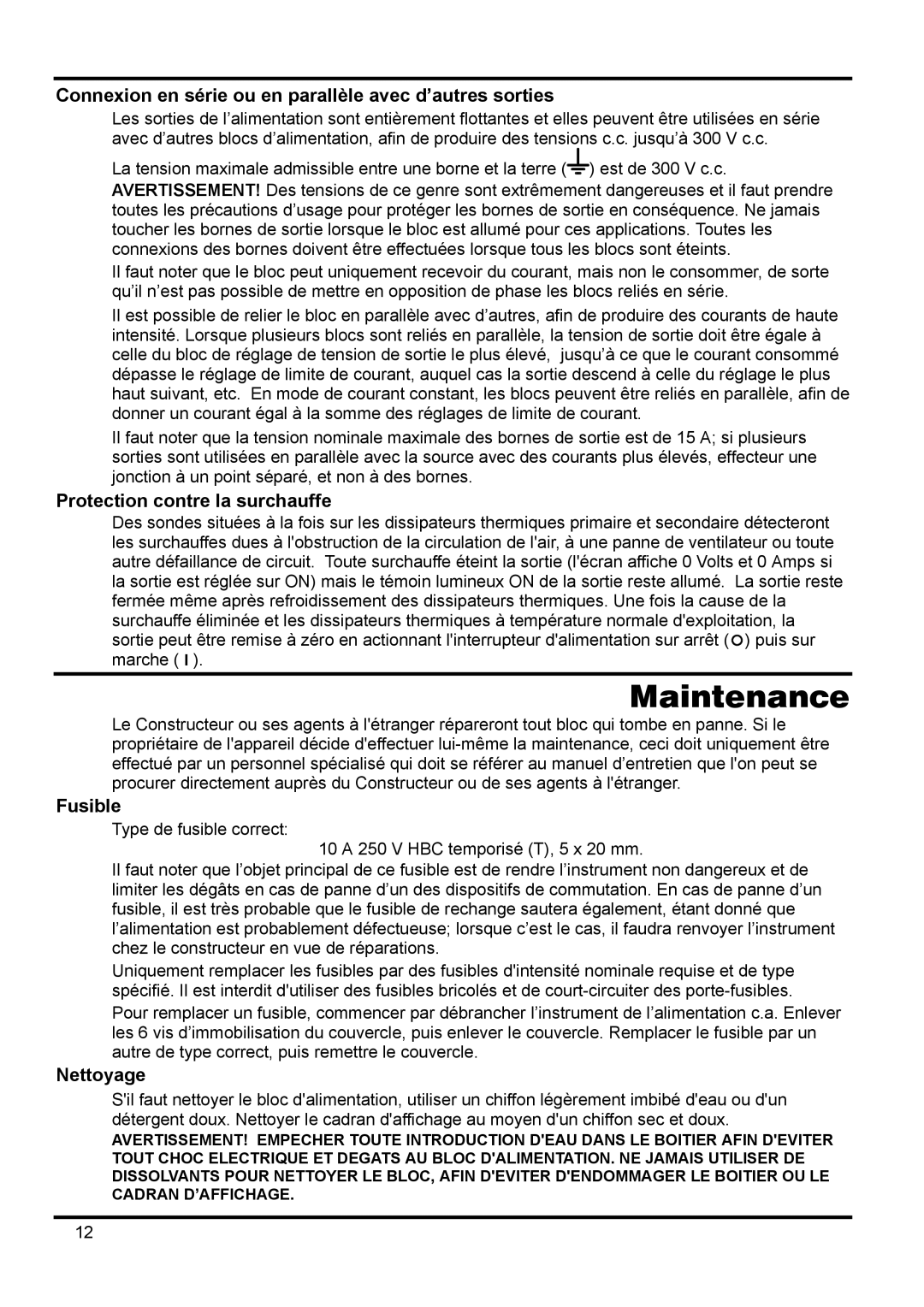 Xantrex Technology 42V 10A manual Connexion en série ou en parallèle avec d’autres sorties, Protection contre la surchauffe 