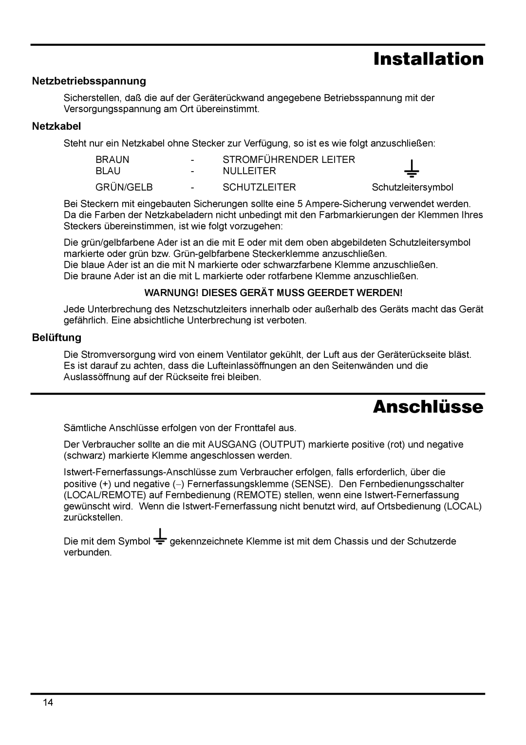 Xantrex Technology 42V 10A manual Anschlüsse, Netzbetriebsspannung, Netzkabel, Belüftung 