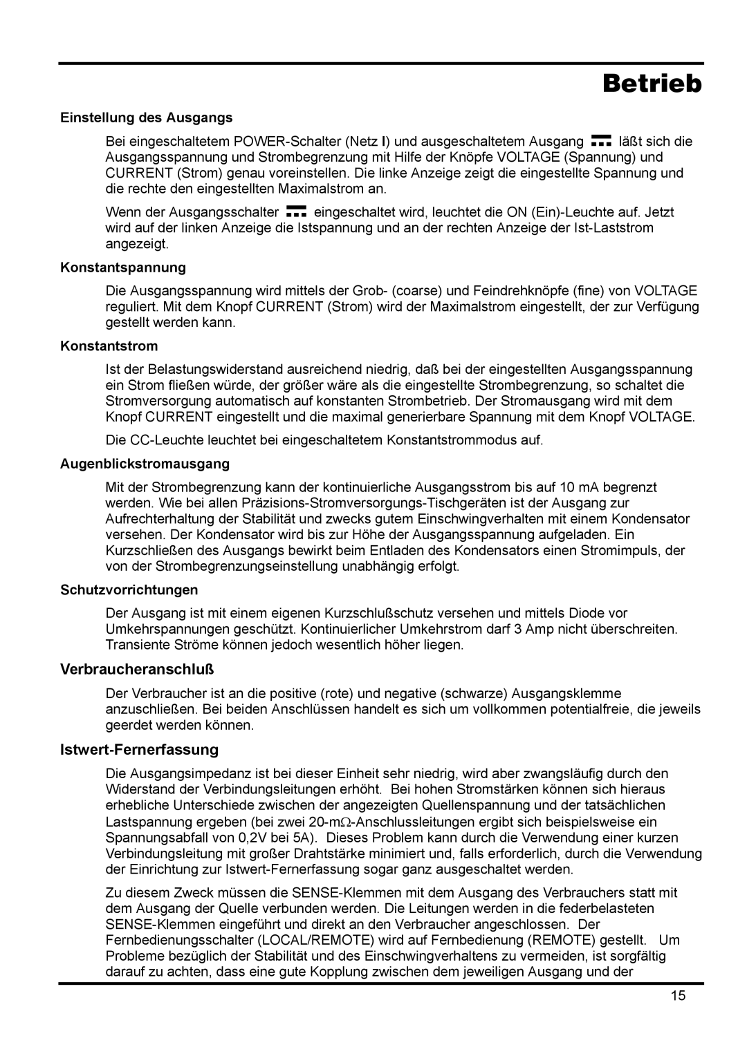 Xantrex Technology 42V 10A manual Betrieb, Verbraucheranschluß, Istwert-Fernerfassung 