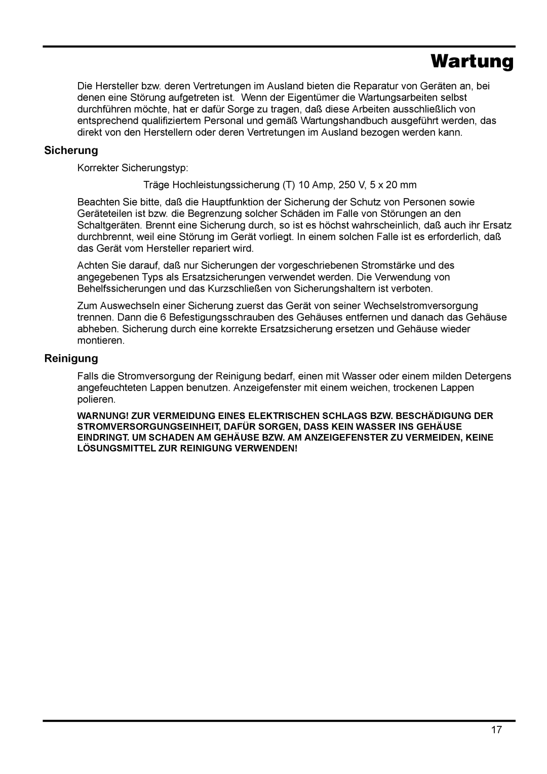 Xantrex Technology 42V 10A manual Wartung, Sicherung, Reinigung 