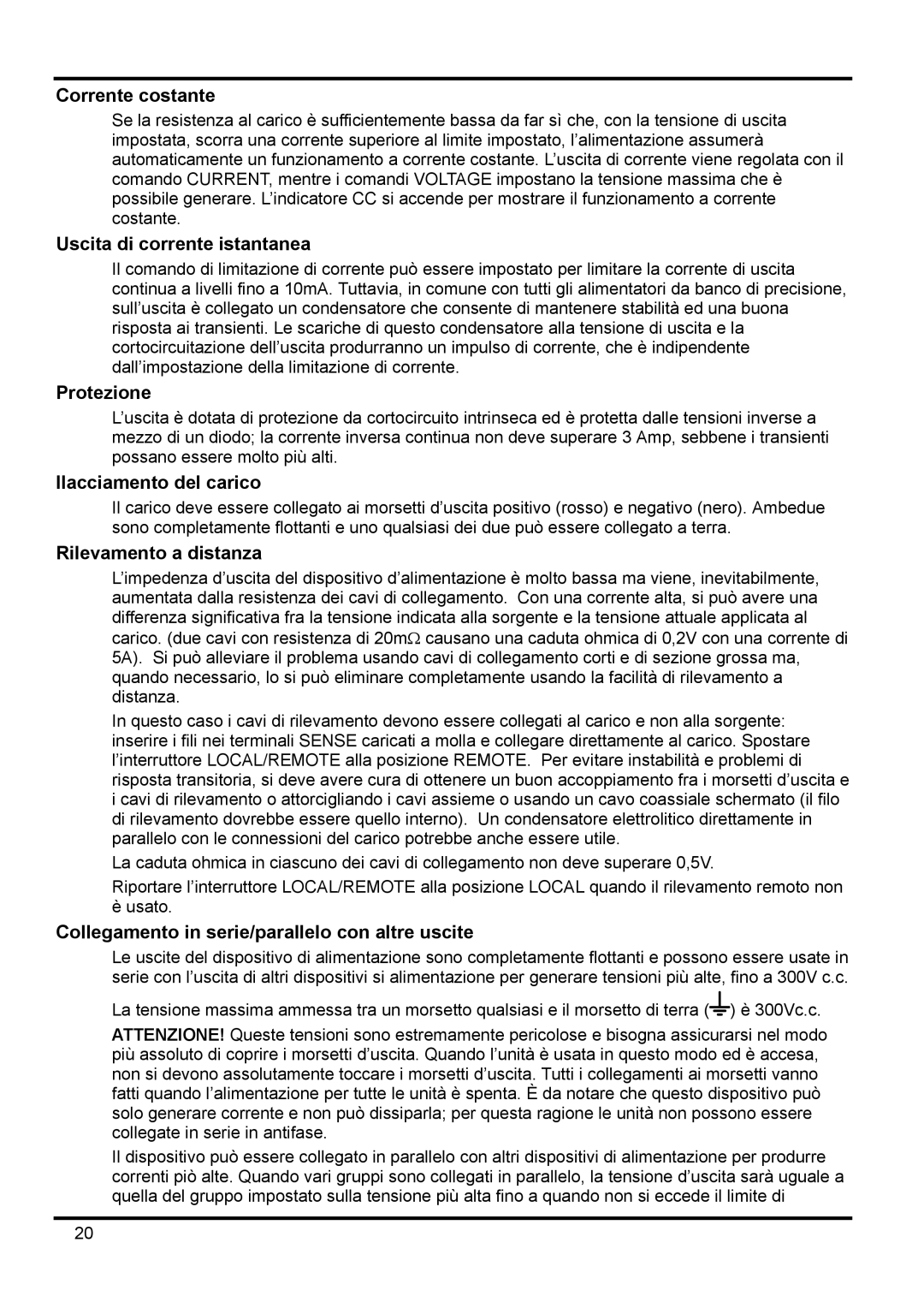 Xantrex Technology 42V 10A manual Corrente costante, Uscita di corrente istantanea, Protezione, Llacciamento del carico 