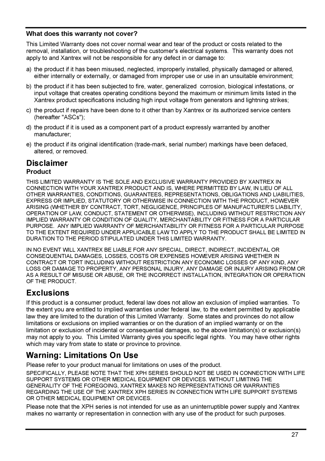 Xantrex Technology 42V 10A manual What does this warranty not cover?, Product 