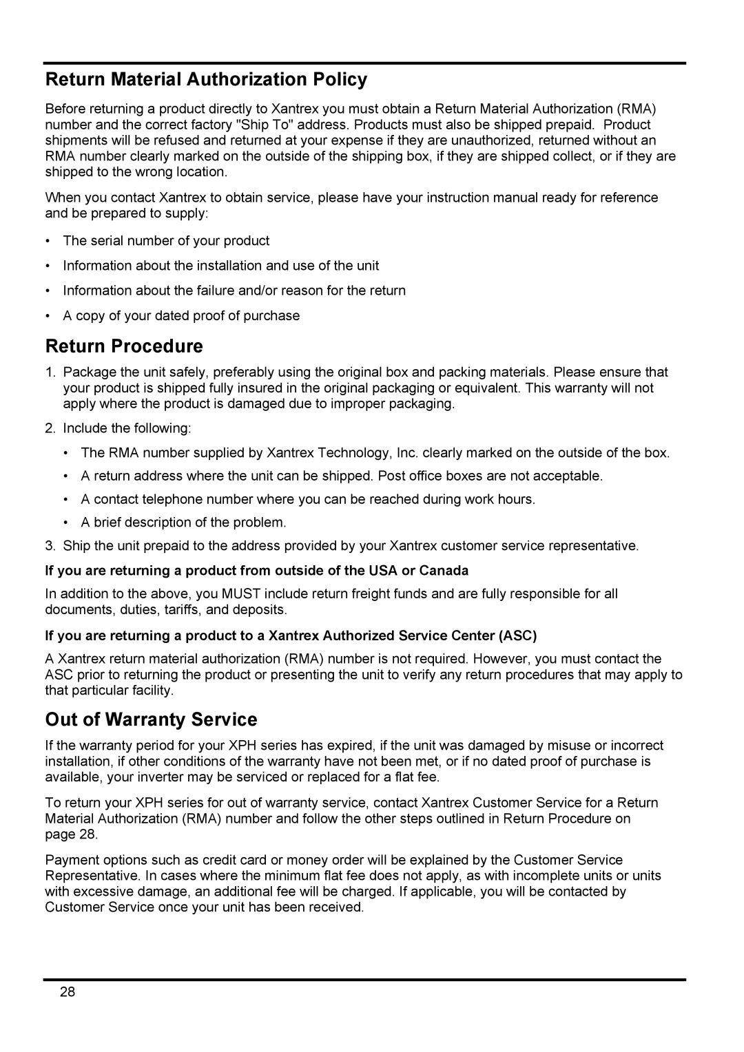 Xantrex Technology 42V 10A manual Return Material Authorization Policy 