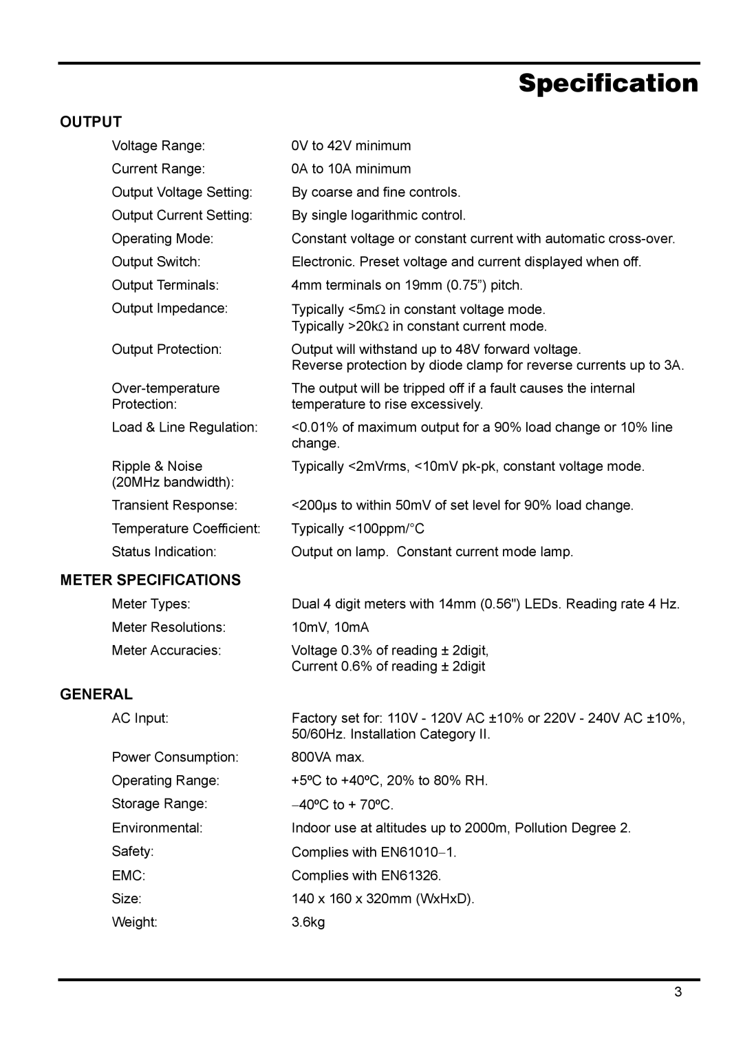 Xantrex Technology 42V 10A manual Specification, Output 