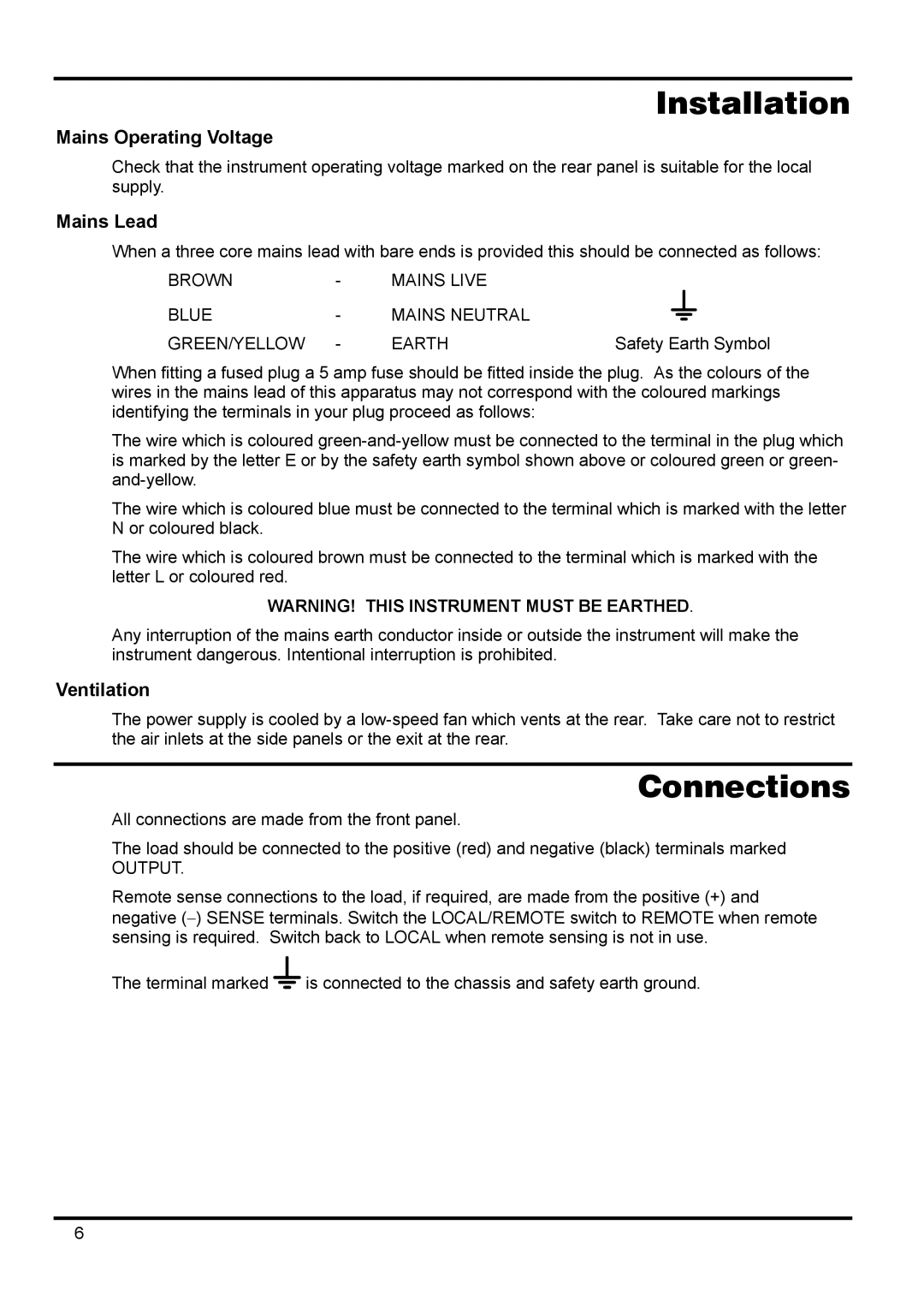 Xantrex Technology 42V 10A manual Installation, Connections, Mains Operating Voltage, Mains Lead, Ventilation 