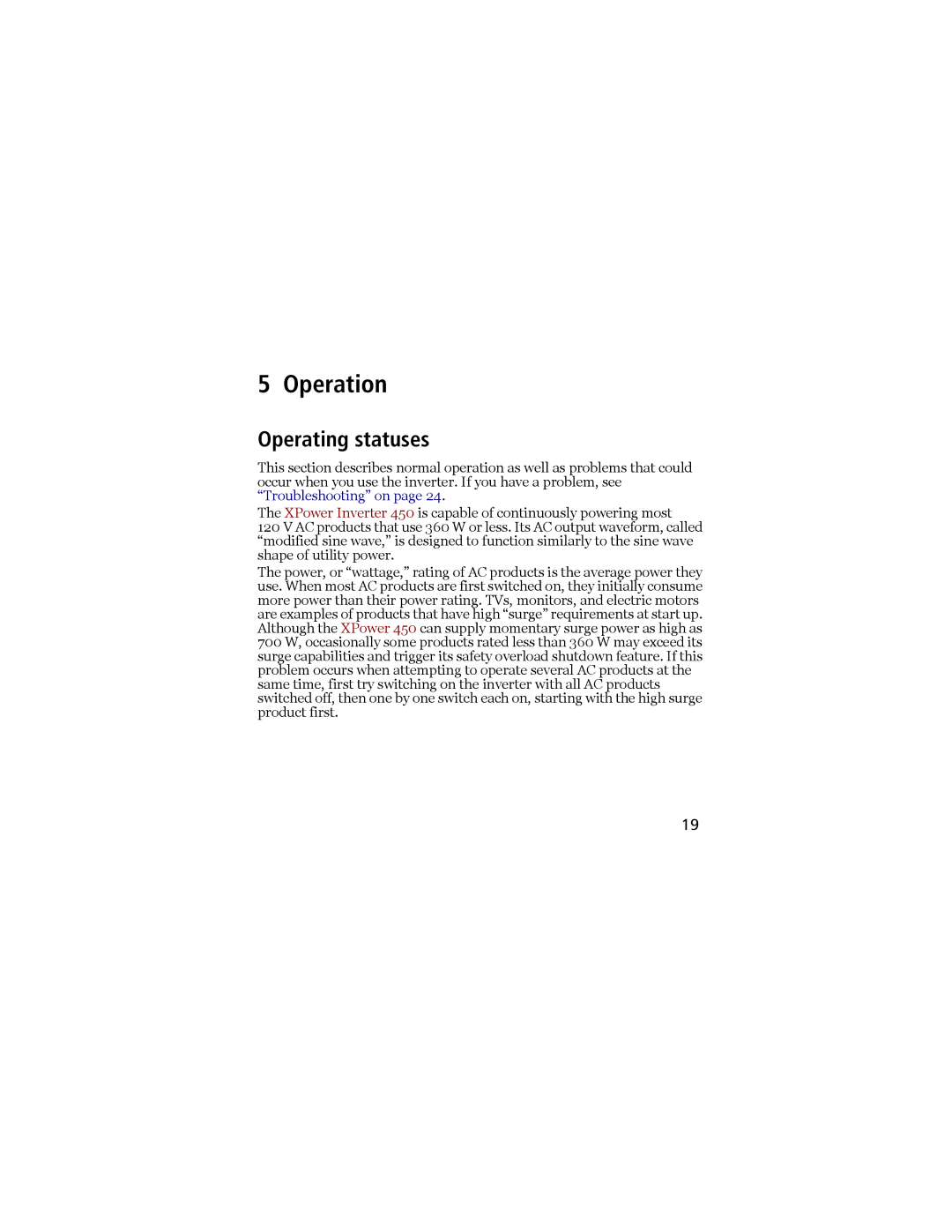 Xantrex Technology 450 owner manual Operation, Operating statuses 