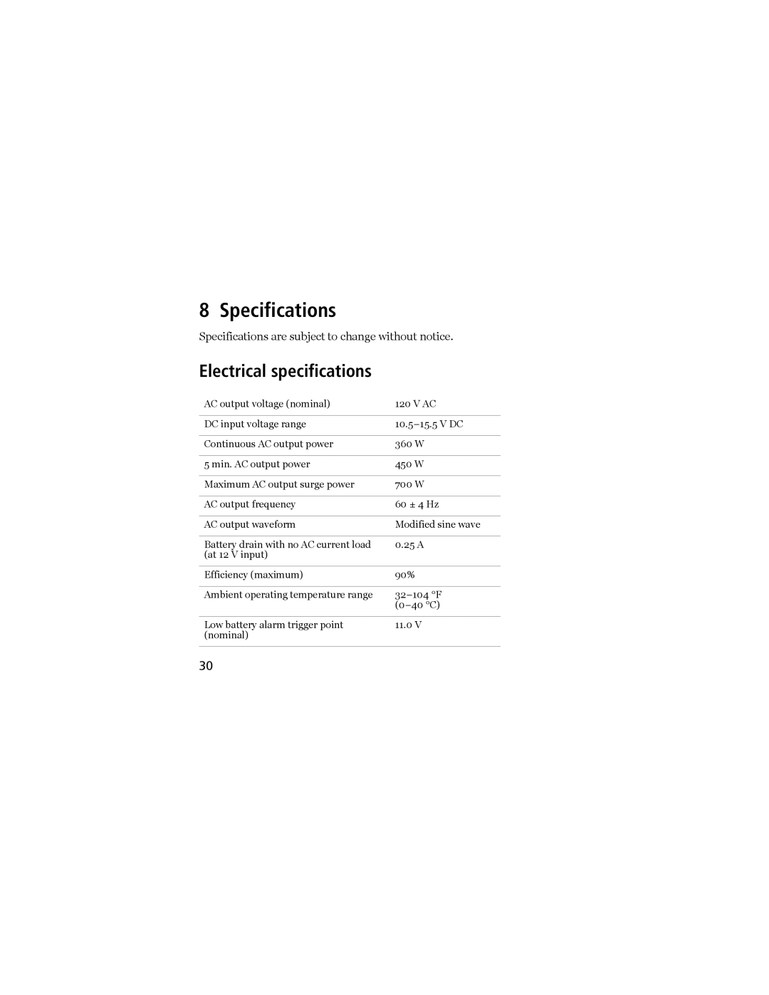 Xantrex Technology 450 owner manual Specifications, Electrical specifications 