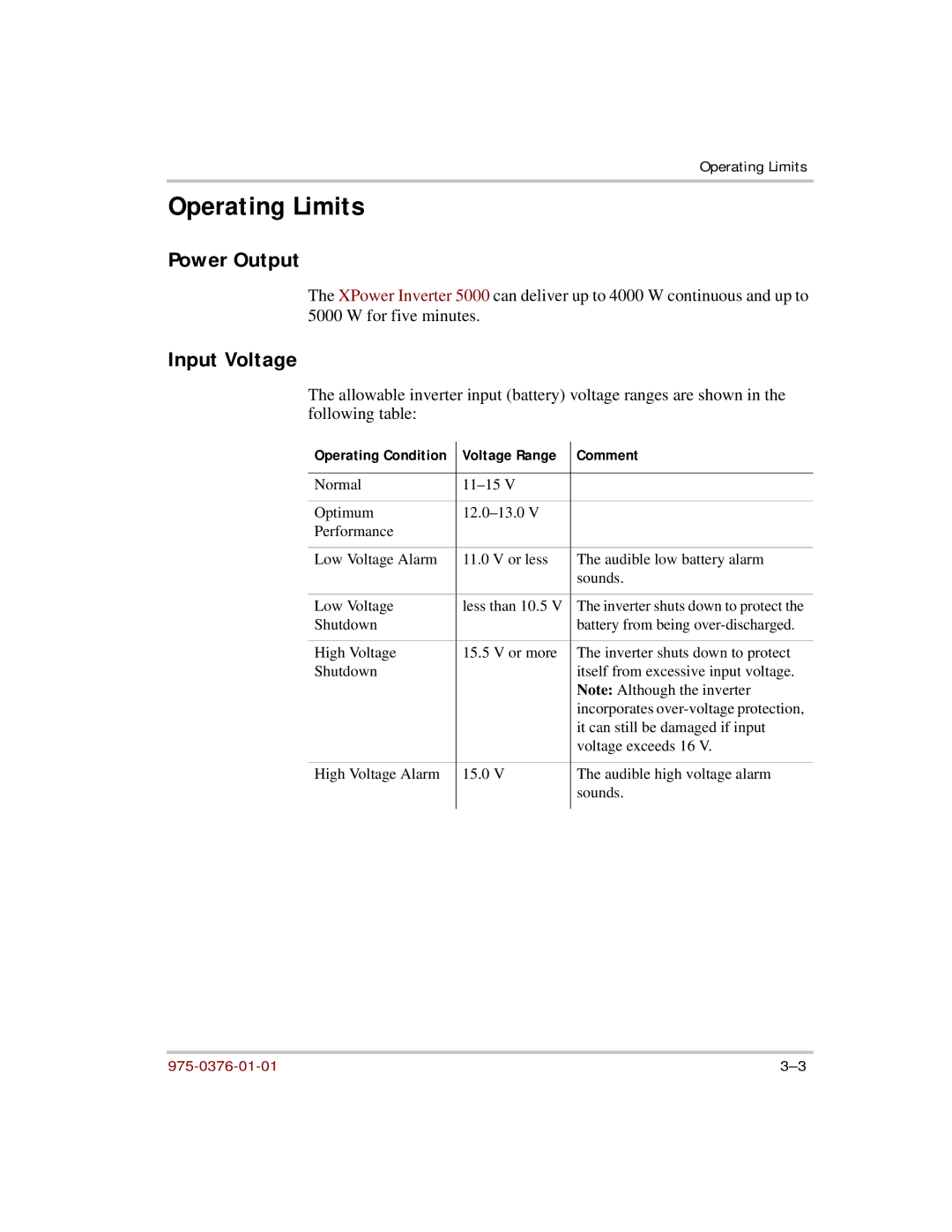 Xantrex Technology 5000 manual Operating Limits, Power Output, Input Voltage 