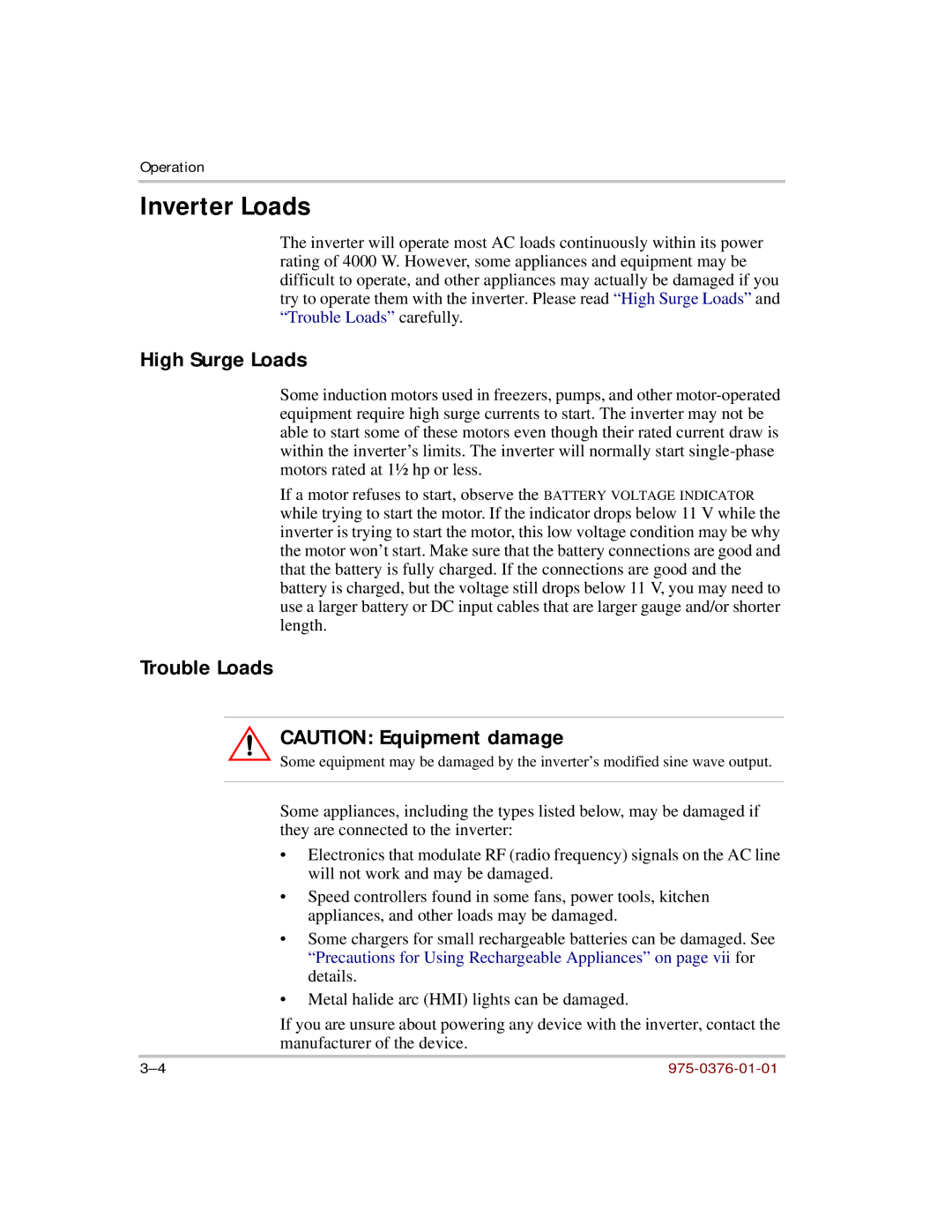 Xantrex Technology 5000 manual Inverter Loads, High Surge Loads, Trouble Loads 