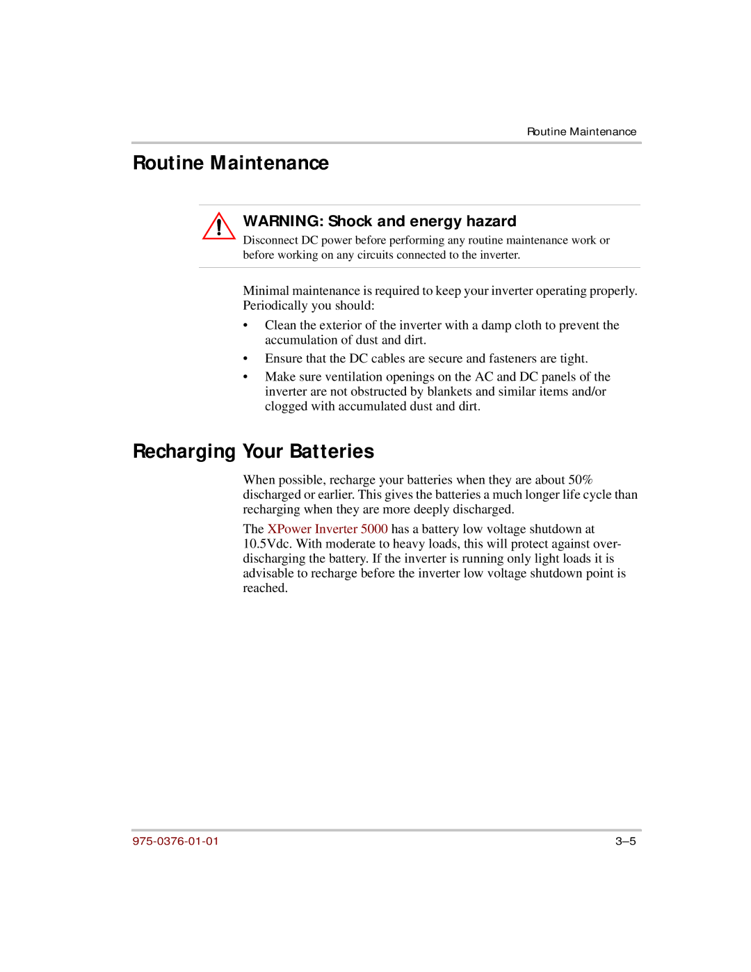 Xantrex Technology 5000 manual Routine Maintenance, Recharging Your Batteries 