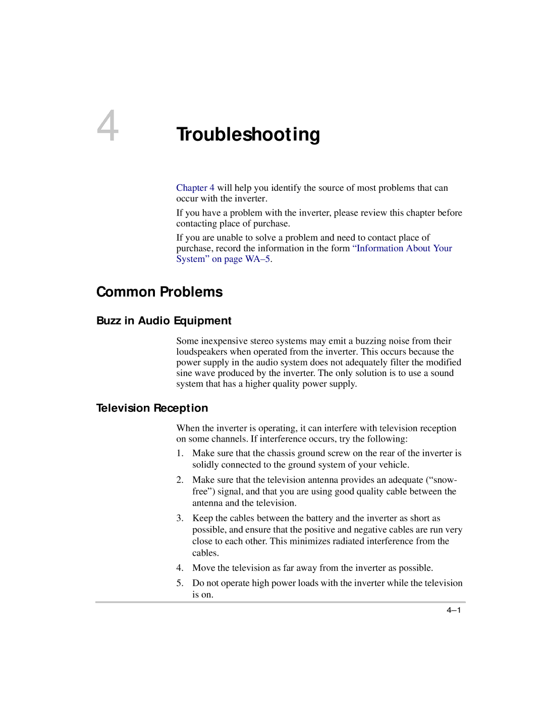 Xantrex Technology 5000 manual Troubleshooting, Common Problems, Buzz in Audio Equipment, Television Reception 