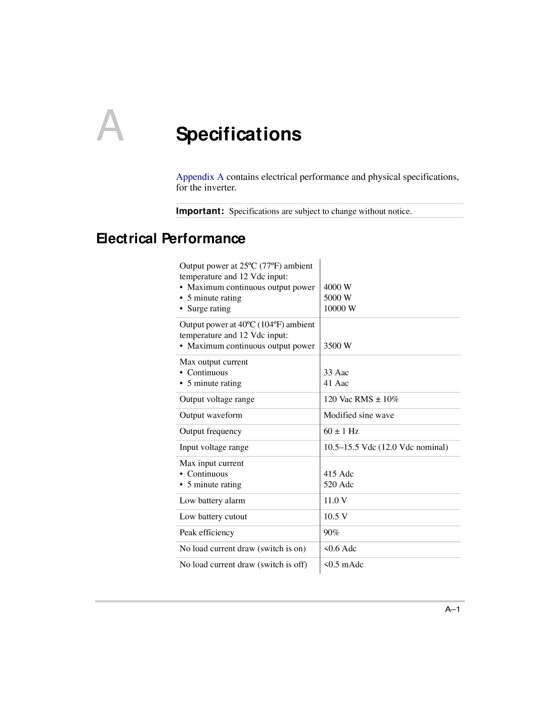 Xantrex Technology 5000 manual Specifications, Electrical Performance 