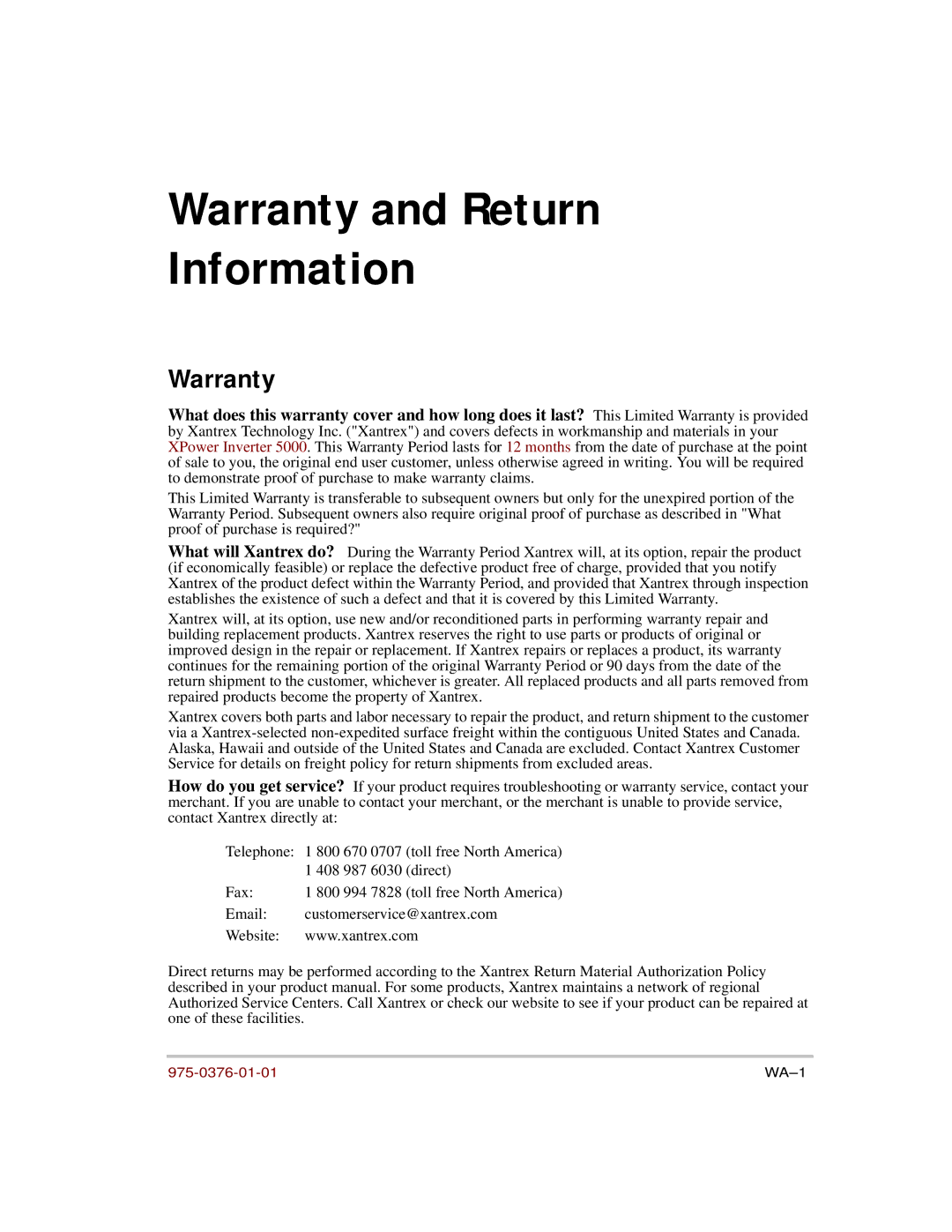 Xantrex Technology 5000 manual Warranty and Return Information 