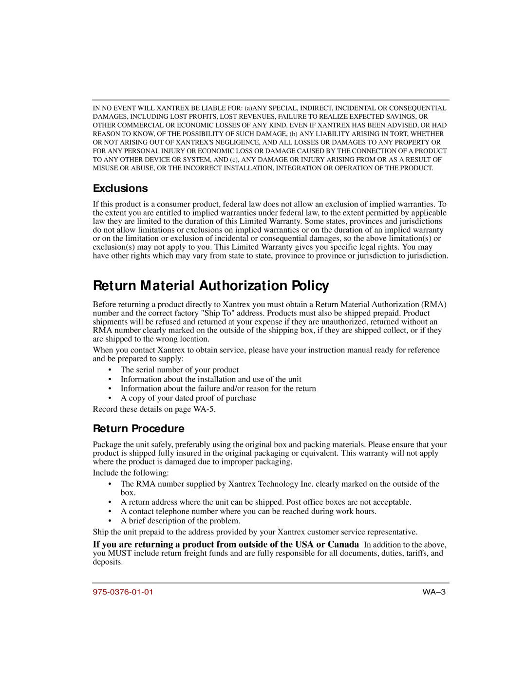 Xantrex Technology 5000 manual Return Material Authorization Policy, Exclusions, Return Procedure 