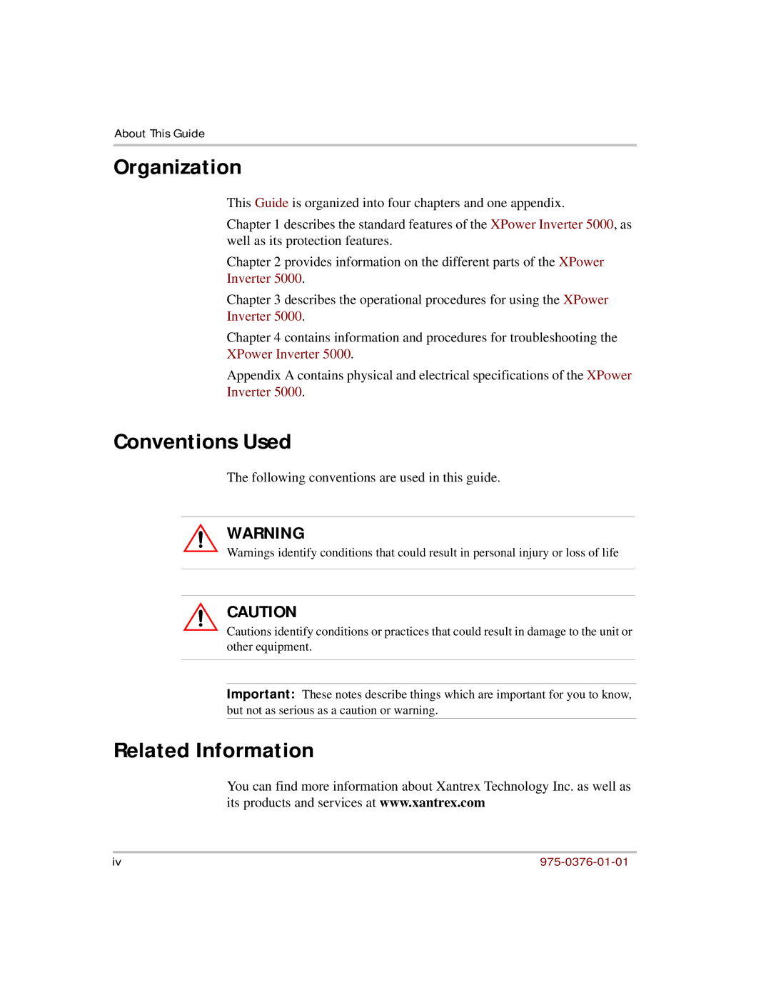 Xantrex Technology 5000 manual Organization, Conventions Used, Related Information 