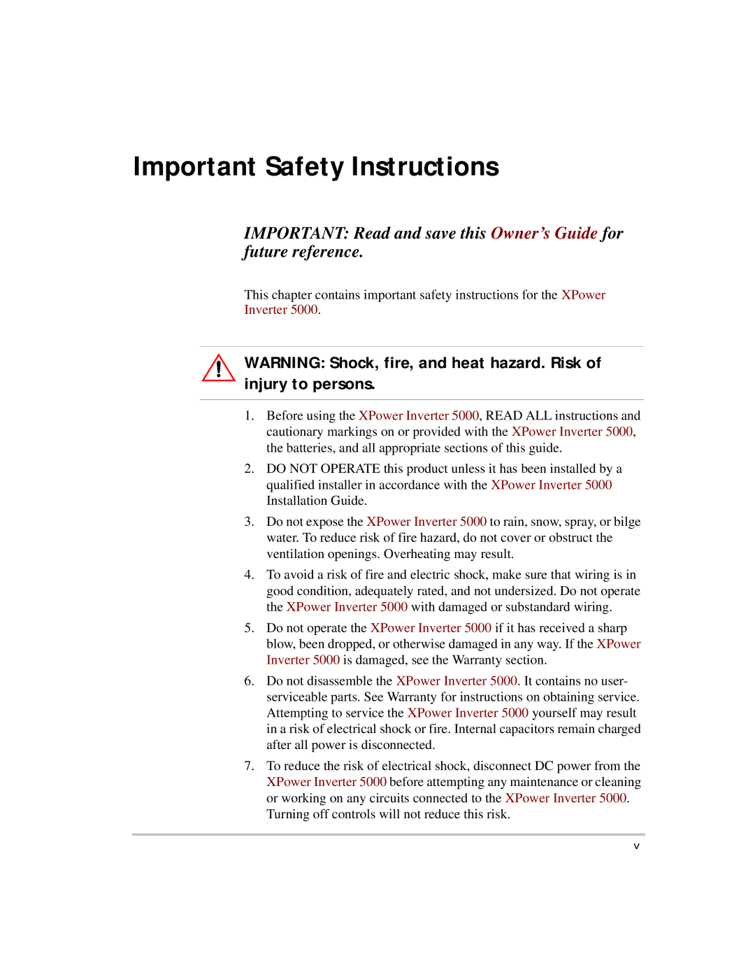 Xantrex Technology 5000 manual Important Safety Instructions, Inverter 