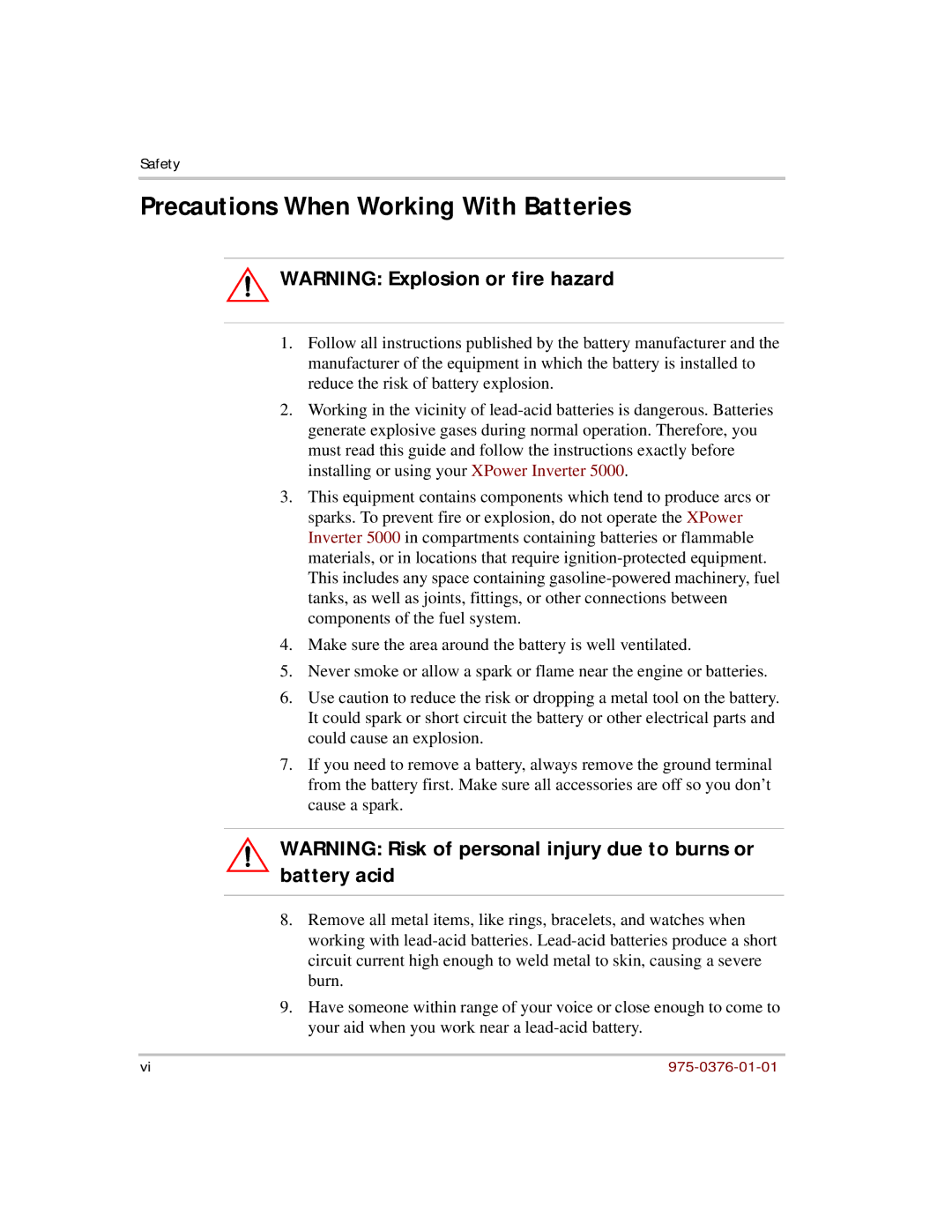 Xantrex Technology 5000 manual Precautions When Working With Batteries 