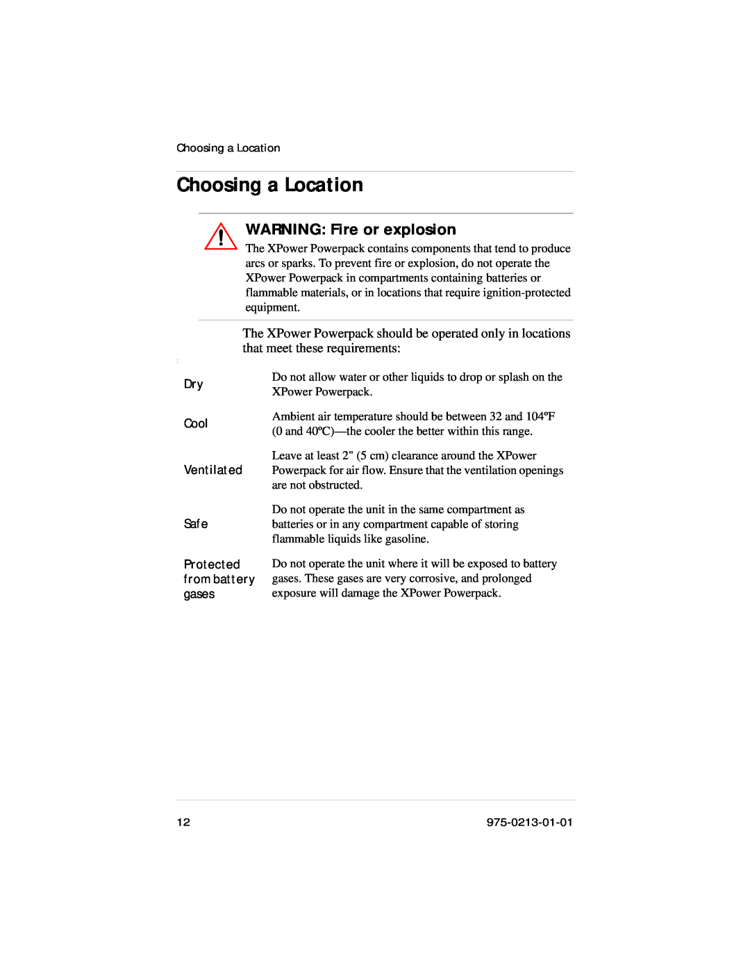 Xantrex Technology 600HD manual Choosing a Location, WARNING Fire or explosion 