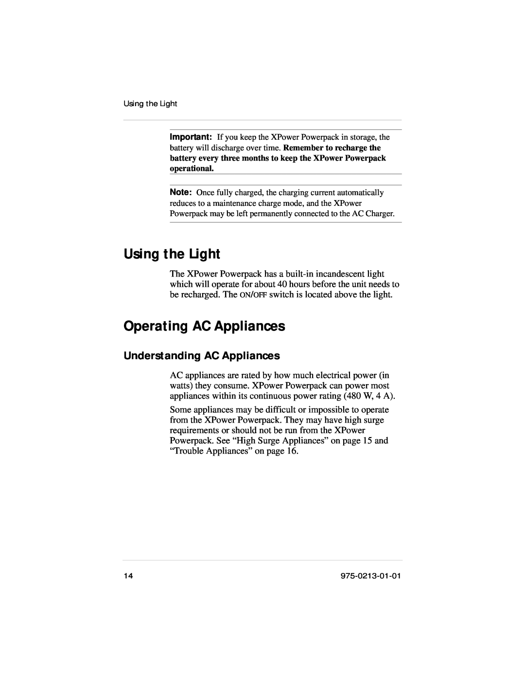 Xantrex Technology 600HD manual Using the Light, Operating AC Appliances, Understanding AC Appliances 