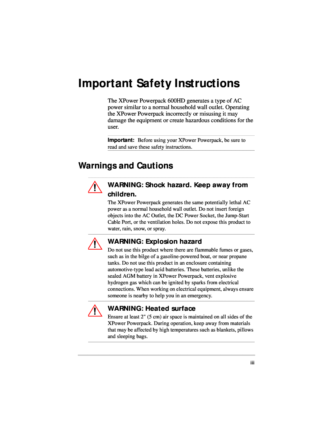 Xantrex Technology 600HD manual Important Safety Instructions, Warnings and Cautions, WARNING Explosion hazard 