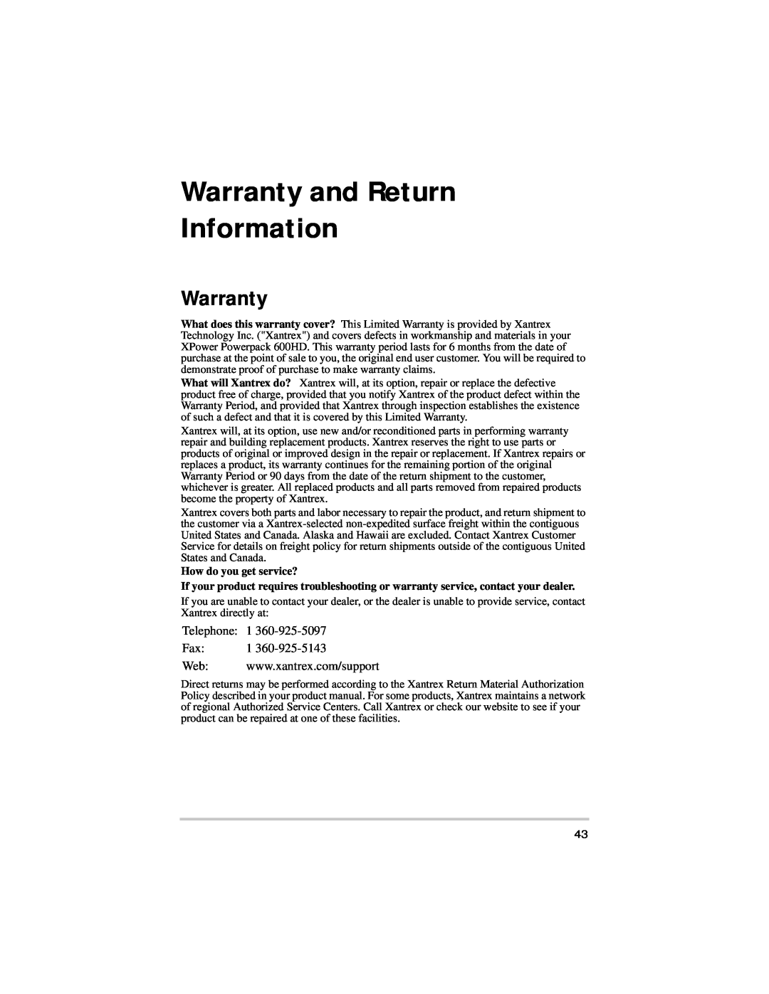 Xantrex Technology 600HD manual Warranty and Return Information 