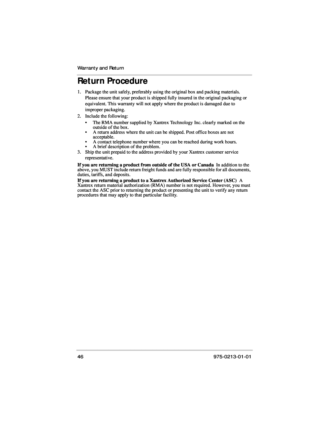 Xantrex Technology 600HD manual Return Procedure, Warranty and Return, 975-0213-01-01 