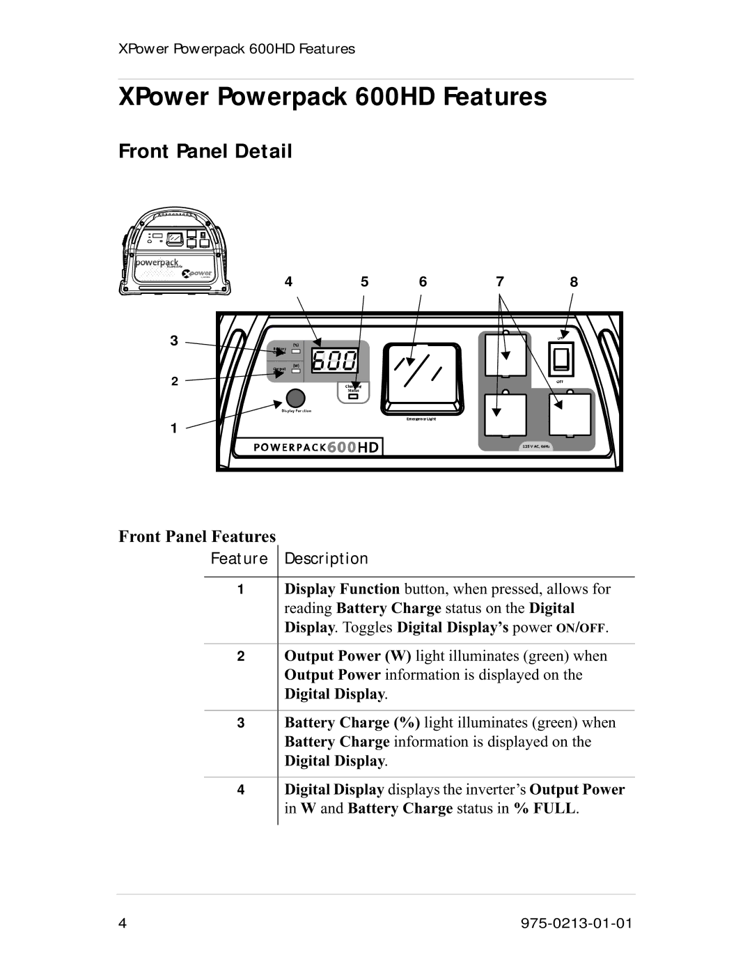 Xantrex Technology manual XPower Powerpack 600HD Features, Front Panel Detail, Front Panel Features, Feature Description 