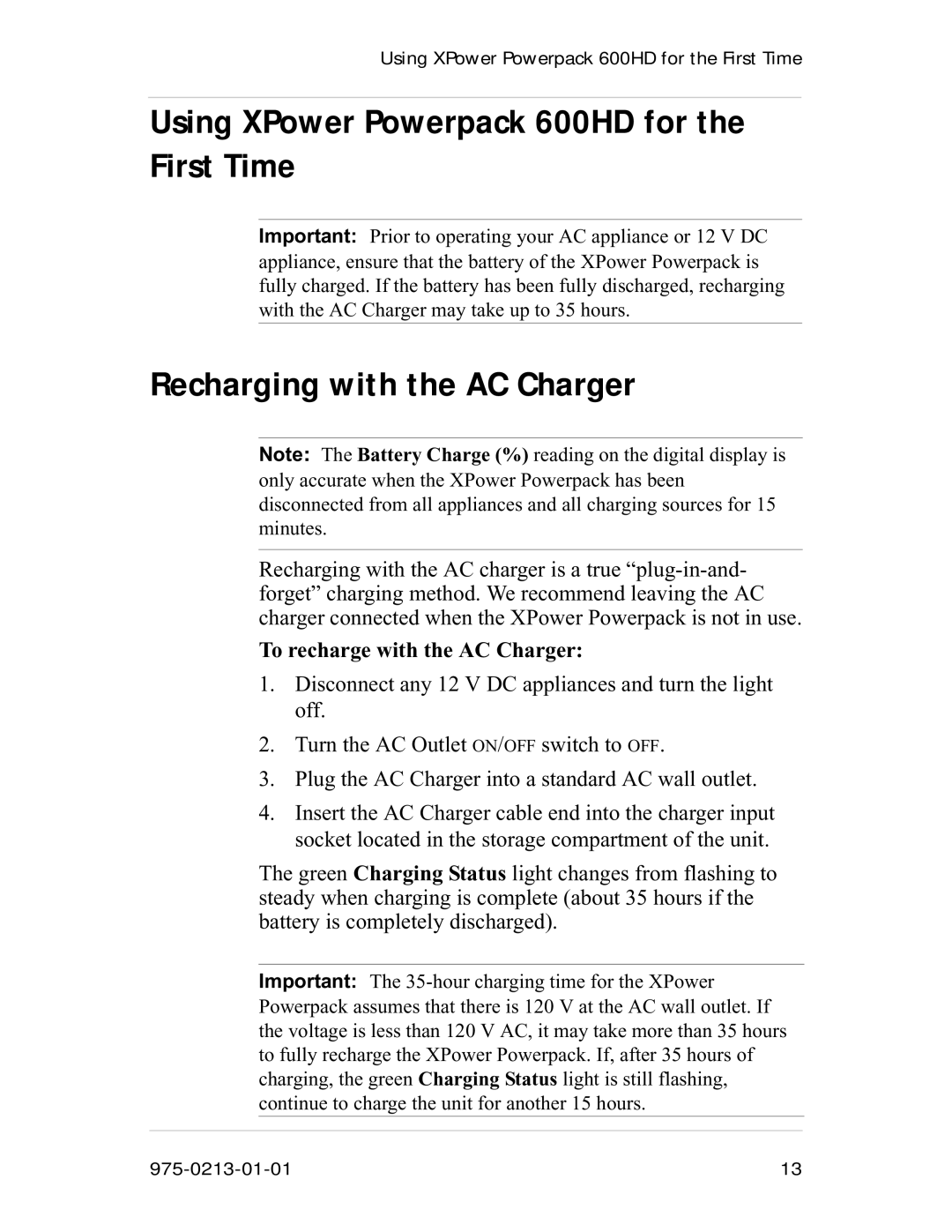 Xantrex Technology manual Using XPower Powerpack 600HD for the First Time, Recharging with the AC Charger 