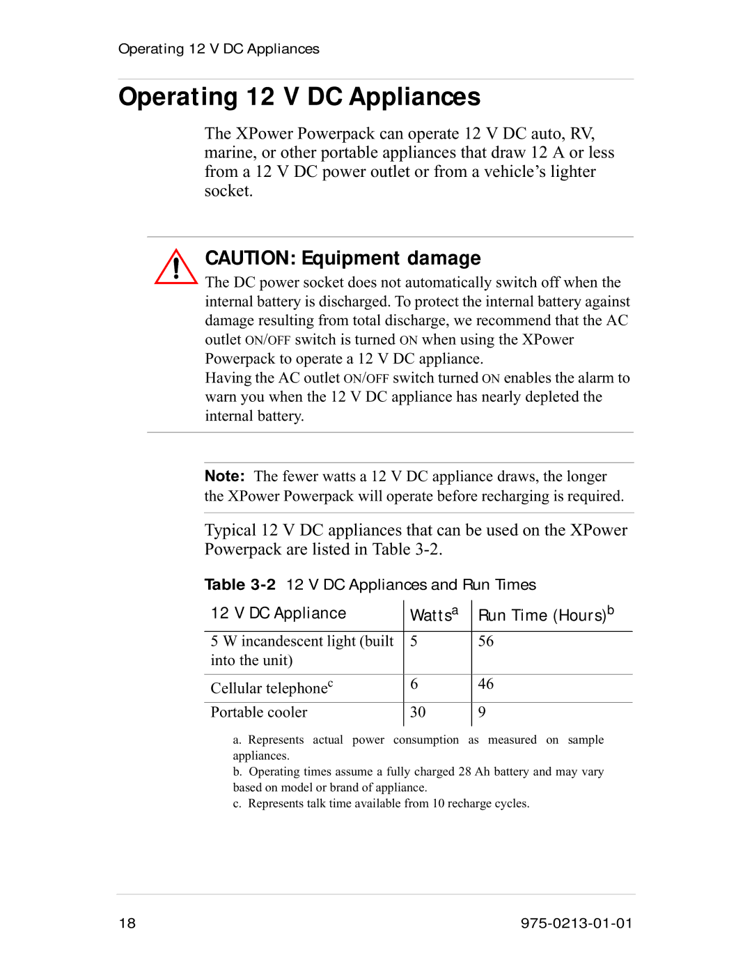 Xantrex Technology 600HD manual Operating 12 V DC Appliances, DC Appliance Watts a Run Time Hours b 