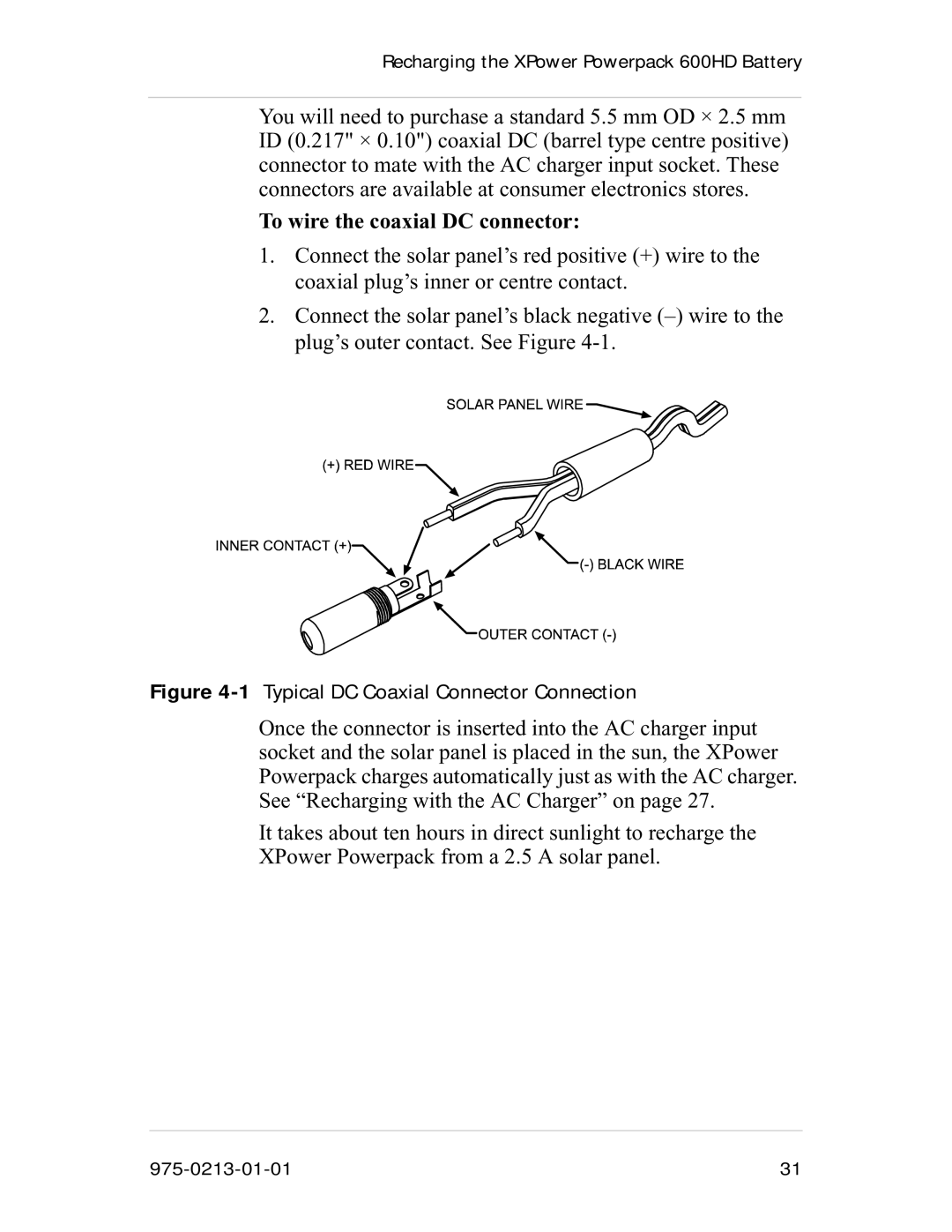 Xantrex Technology 600HD manual To wire the coaxial DC connector, 1Typical DC Coaxial Connector Connection 