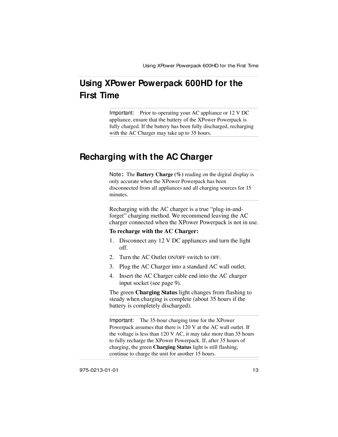 Xantrex Technology manual Using XPower Powerpack 600HD for the First Time, Recharging with the AC Charger 