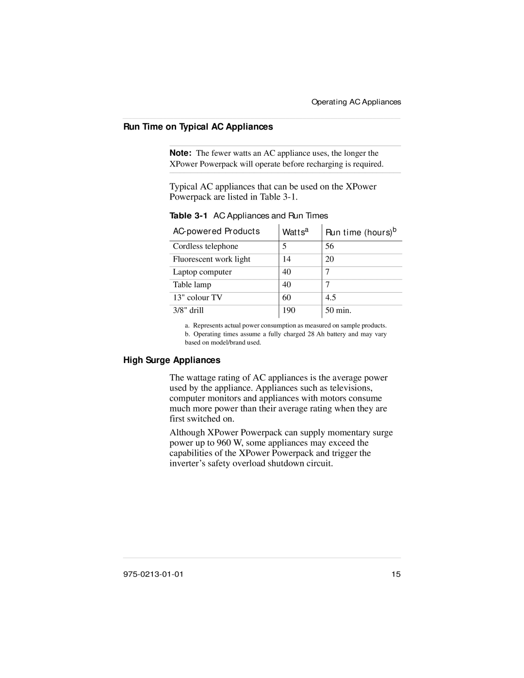 Xantrex Technology 600HD manual Run Time on Typical AC Appliances, AC-powered Products Watts a Run time hours b 