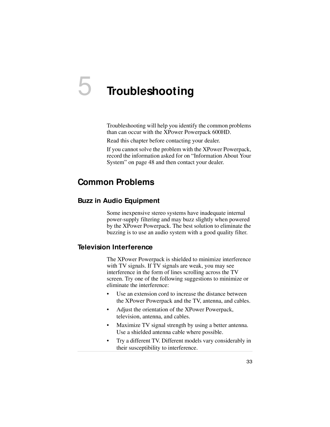 Xantrex Technology 600HD manual Troubleshooting, Common Problems, Buzz in Audio Equipment, Television Interference 