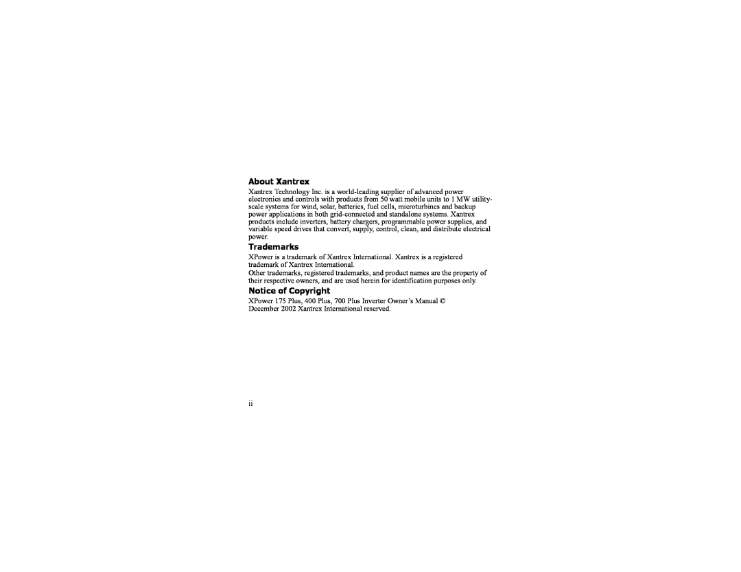 Xantrex Technology 700 PLUS, 175 PLUS, 400 PLUS manual About Xantrex, Trademarks, Notice of Copyright 