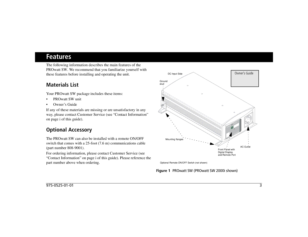 Xantrex Technology 2000i, 700i, 1400i manual Features, Materials List, Optional Accessory 