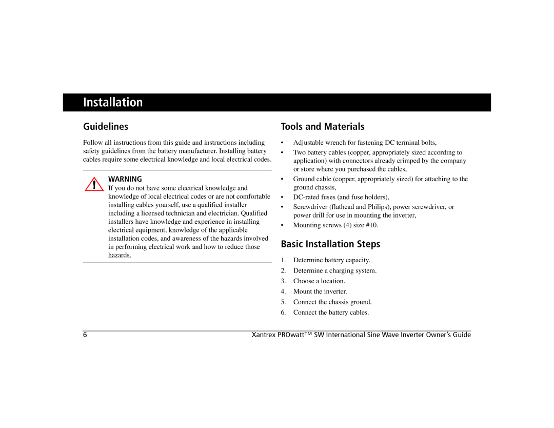 Xantrex Technology 2000i, 700i, 1400i manual Guidelines, Tools and Materials, Basic Installation Steps 