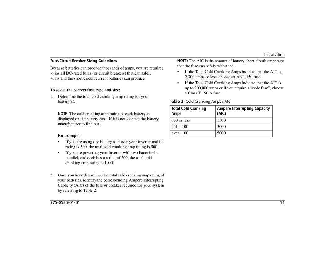 Xantrex Technology 1400i, 700i, 2000i manual Fuse/Circuit Breaker Sizing Guidelines, Total Cold Cranking, Amps 