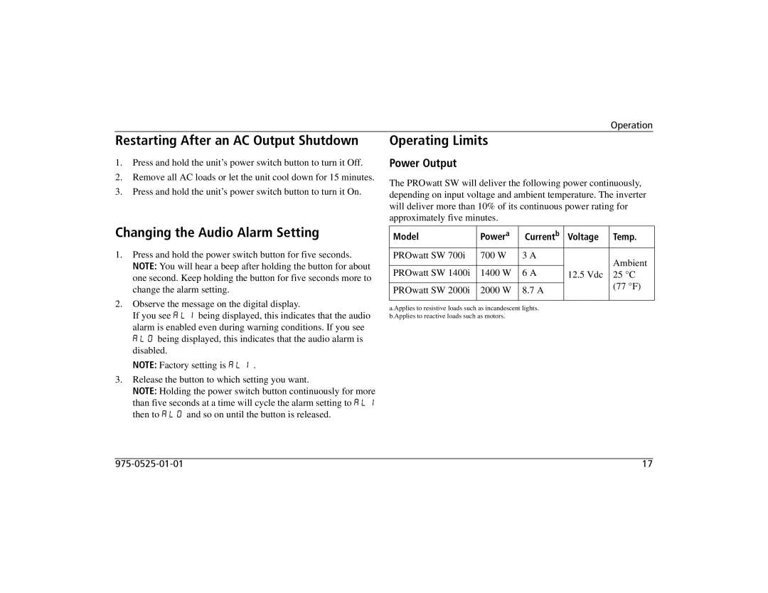 Xantrex Technology 1400i, 700i Restarting After an AC Output Shutdown, Changing the Audio Alarm Setting, Operating Limits 