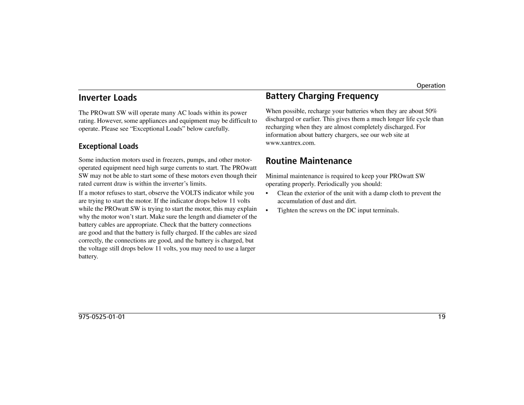 Xantrex Technology 700i, 1400i, 2000i Inverter Loads, Battery Charging Frequency Routine Maintenance, Exceptional Loads 