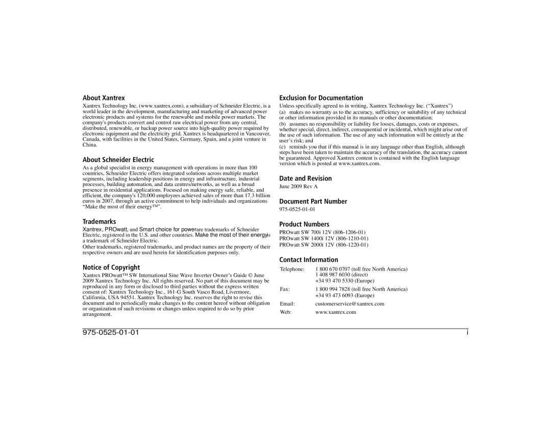 Xantrex Technology 700i About Xantrex About Schneider Electric, Trademarks, Exclusion for Documentation, Date and Revision 