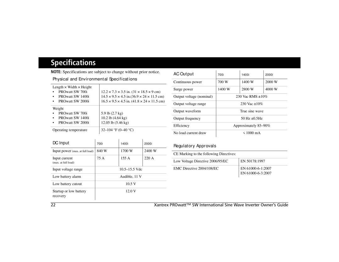 Xantrex Technology 700i, 1400i, 2000i manual Physical and Environmental Specifications 