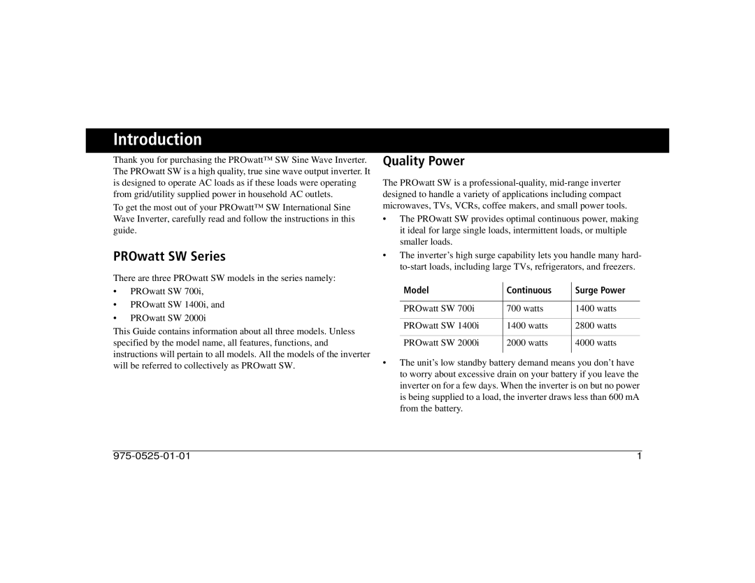 Xantrex Technology 700i, 1400i, 2000i manual Introduction, PROwatt SW Series, Quality Power, Model Continuous Surge Power 